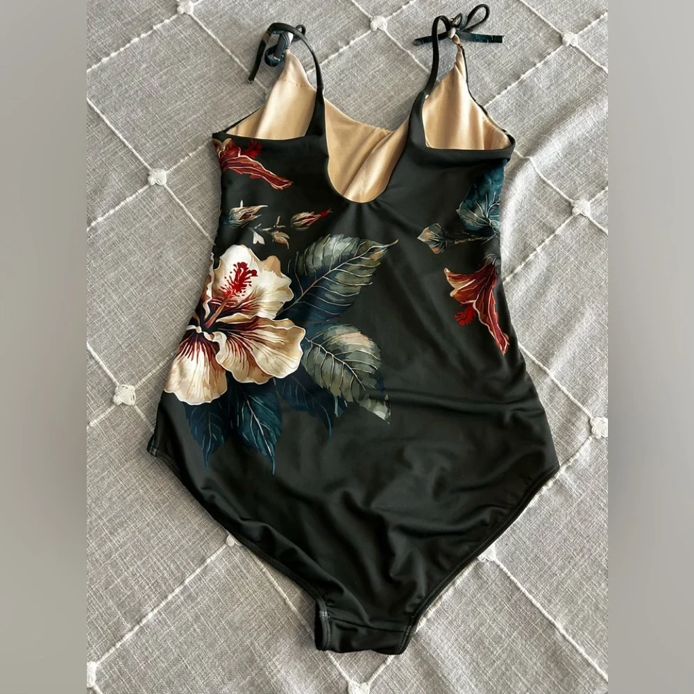 Albion Olive Green One-Piece Swimsuit with Floral Trim - Picture 2 of 4
